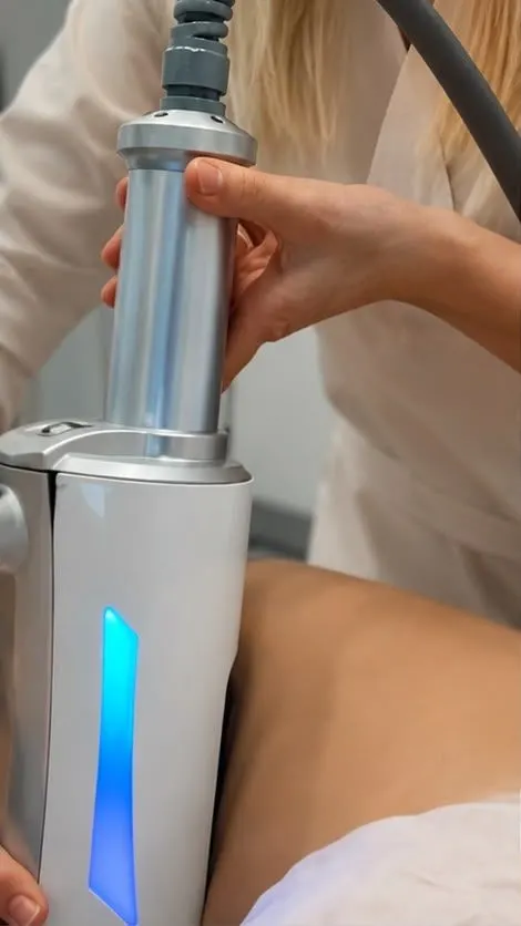 The handpiece worked along the outer thigh during a session at the studio